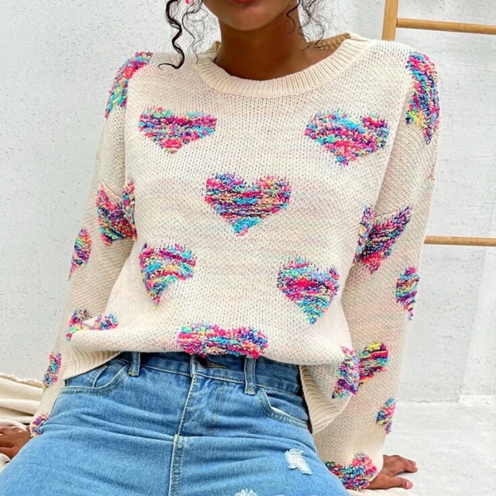 🌈 HP 💗 Sweater heart rainbow knit womens fuzzy cute patch NWT